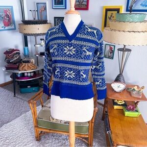 Vintage 1940s Sweater | Deer | Ski | Novelty | Blue | Wool | S M  | 40s l Unisex